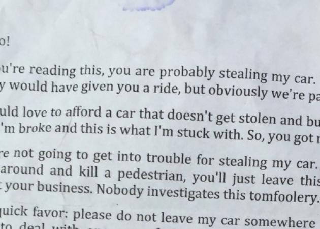 Το απίστευτο μήνυμα οδηγού που λάτρεψε ο κλέφτης και κάνει χαμό στο Facebook!