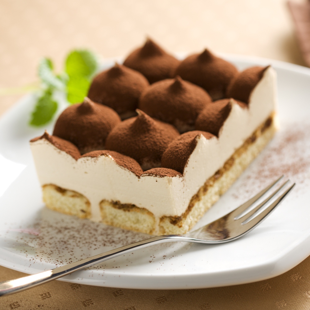 9 | tiramisu dessert and fork on a plate, selective focus