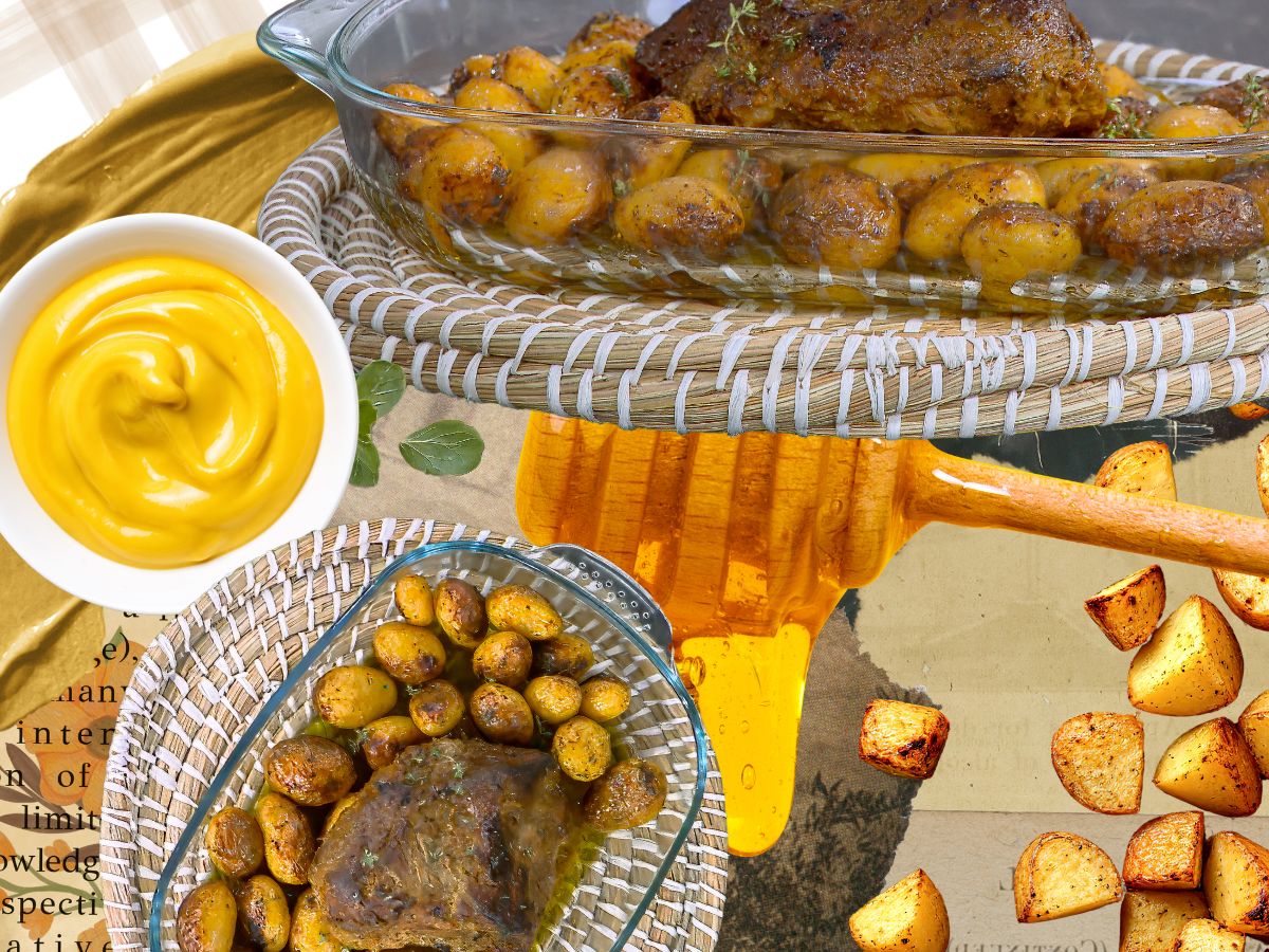 Το πιο ζουμερό honey mustard χοιρινό μπούτι στον φούρνο με γλάσο και λεμονοπορτοκαλένιες baby πατάτες